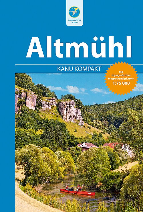 Das Buch Altmühl - Kanu kompakt mit Karten im Maßstab 1:75 000 enthält Flußkarten, Beschreibung und viele Tipps.  Ein rotes Kanu mit zwei Paddlern auf der Altmühl mit grünem Ufer und im Hintergrund die 12 Apostel sollen Lust auf mehr machen.