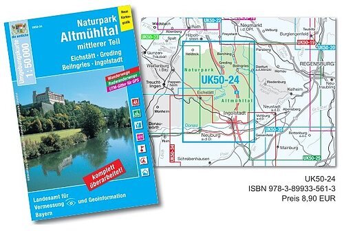 Die Vorderseite der topografischen Karte "mittlerer Teil" mit dem Maßstab 1: 50.000  enthält den Abschnitt Beilngries - Greding und Beilngries - Ingolstadt. Die Willibaldsburg ist zu sehen. Zudem der Ausschnitt der im Innenteil zu sehen ist.