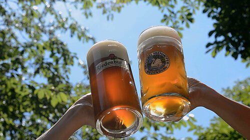 Zwei Personen mit Bierkrüge in der Hand stoßen im Sonnenschein an.