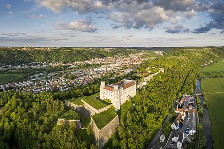 Panoramablick auf eine Burg auf einem bewaldeten Hügel mit Stadt und Fluss im Hintergrund bei Tageslicht