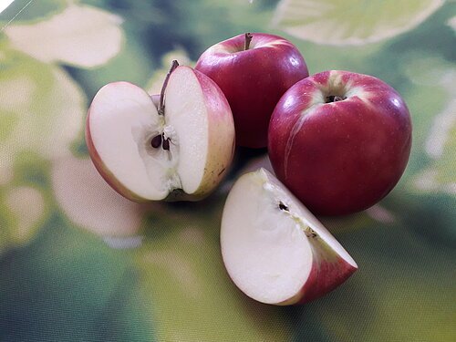 Zwei ganze rote Äpfel, ein halber und ein Viertel Apfel auf grünem unscharfem Hintergrund.