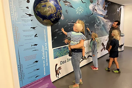 Familie betrachtet Museumsausstellung mit Dinosaurier- und Meereslebewesen-Wandbild und Erdkugel-Modell.