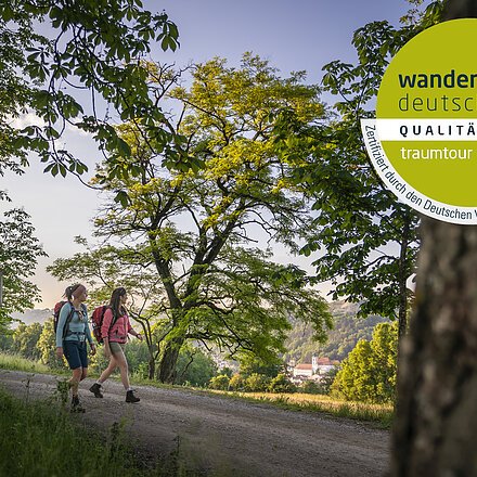 Zwei Wanderinnen auf einem Weg unter Bäumen, Wanderweg-Markierung an Stamm im Vordergrund